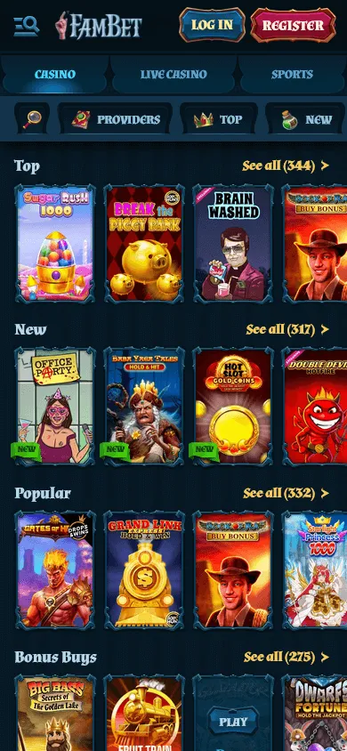 Fambet Casino games screen on mobile